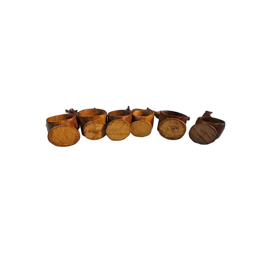 African hand Carved Teak Wood Napkin Rings, Set of 6